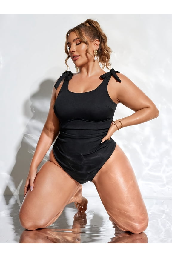 Women’s Plus Size Solid Black Ribbed One Piece Swimsuit, Tie Bow Shoulder Straps Square Neck Ruched Tummy Control High Cut Cheeky Full Figure Bathing Suit, Quick Dry Chlorine Resistant Slimming Swimw