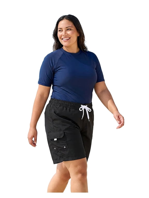 Women’s Plus Size Quick Dry Swim Board Shorts, 8” Inseam Polyester Light Weight Swim Shorts - FB007P - Black - 2X