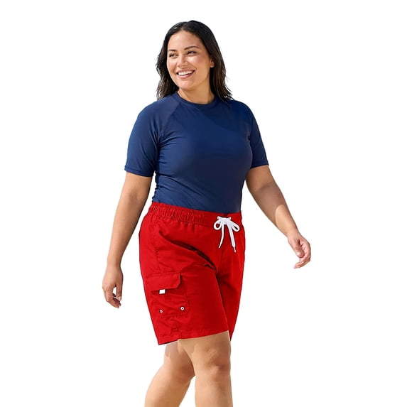Adoretex Women’s Plus Size Quick Dry Swim Board Shorts, 8” Inseam Polyester Light Weight Swim Shorts - FB007P - Red - 2X