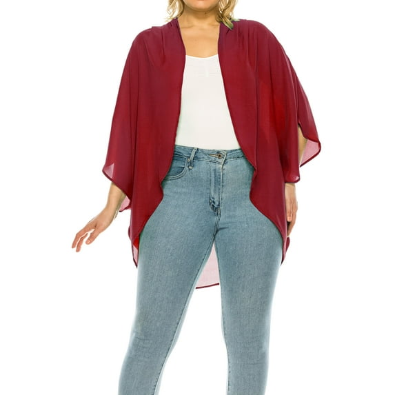 Women's Plus Size Solid Casual Cardigan Loose Fit Draped Ruffles Kimono Sleeve