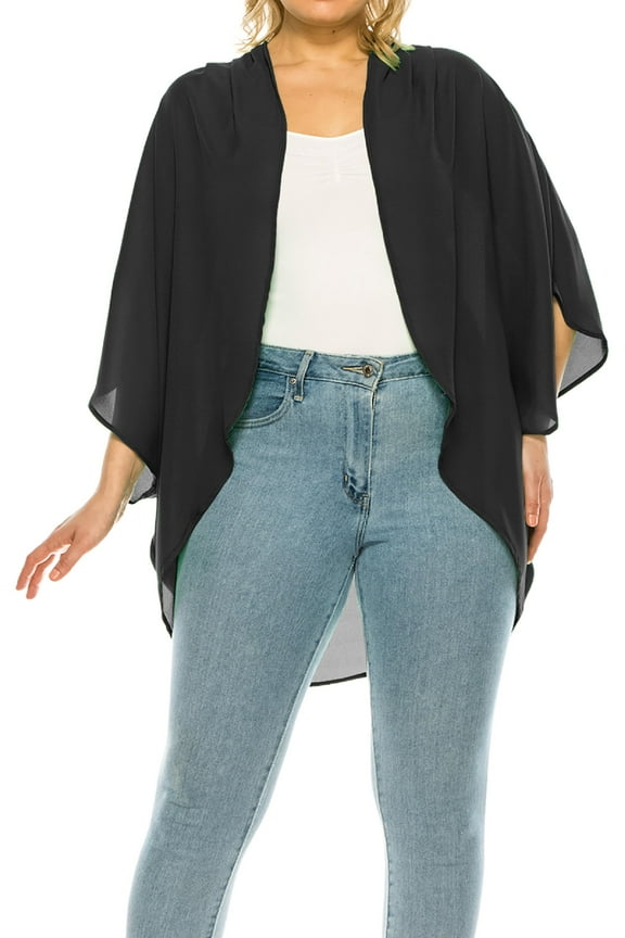 Women's Plus Size Solid Casual Cardigan Loose Fit Draped Ruffles Kimono Sleeve