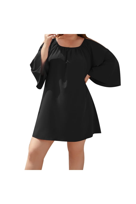 Women's Plus Size Solid Casual Holiday Dress Round Neck Side Split Bubble Sleeve Maxi Dress