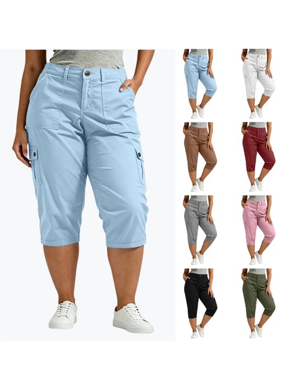 Women's Plus Size Solid Color Cargo Capri Pants, Elastic Waist Relaxed Fit Casual Capri Pants with Multi Utility Pockets, Breathable Mid Length Summer Everyday Wear Trousers