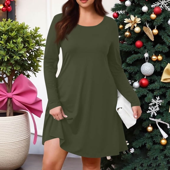 Women's Plus Size Solid Color Casual Spring Autumn Dress - Round Neck Long Sleeve with Pockets - Army Green XL