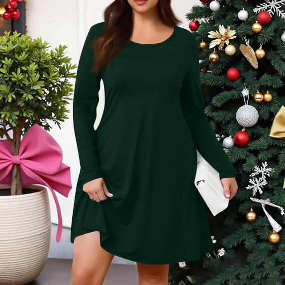 Women's Plus Size Solid Color Casual Spring Autumn Dress - Round Neck Long Sleeve with Pockets - Dark Green XXXL