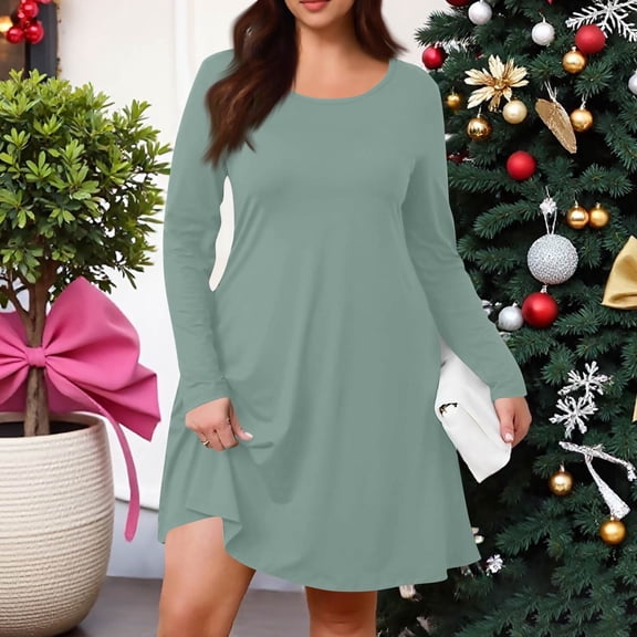Women's Plus Size Solid Color Casual Spring Autumn Dress - Round Neck Long Sleeve with Pockets - Mint Green XL