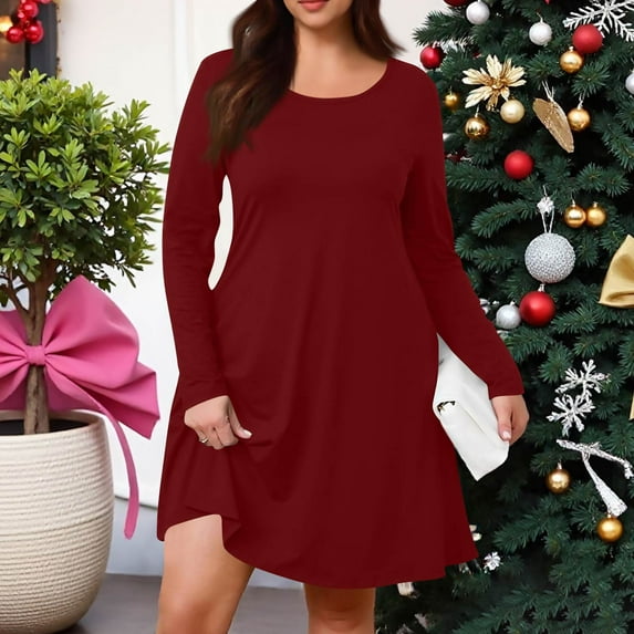Women's Plus Size Solid Color Casual Spring Autumn Dress - Round Neck Long Sleeve with Pockets - Wine Red XXXL