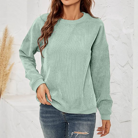 Women's Plus Size Solid Color Corduroy Sweatshirt, Crewneck Long Sleeve Pullover, Casual Corduroy Top, Plus Size Corduroy Top, Casual Crewneck Sweatshirt, Everyday Wear Tops Light Green XL