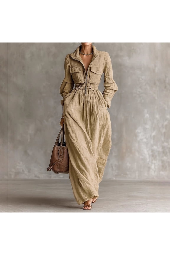 Women's Plus Size Solid Color Cotton Linen Blend Jumpsuit, Long Sleeve Zip Up Collar Wide Leg Romper with Elastic Waistband, Stylish Casual Streetwear Khaki XS