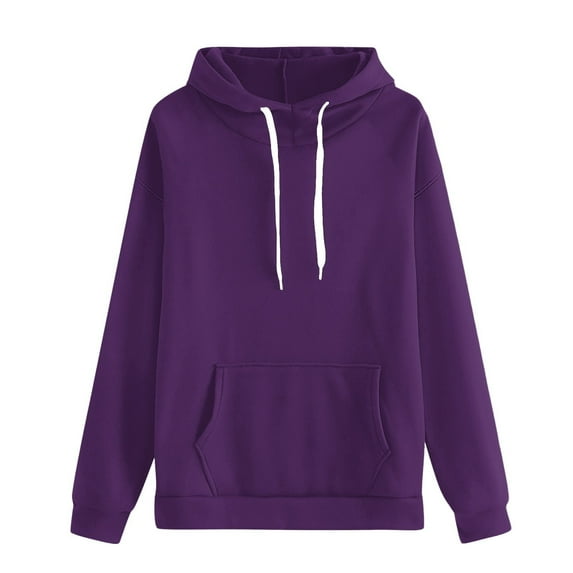 Women's Plus Size Solid Color Drawstring Hooded Sweatshirt,Autumn Winter Fashion Thermal Plush Oversized Pullover with Pockets,Casual Streetwear Loungewear Top for Daily Wear,Holiday Outfits Purple L