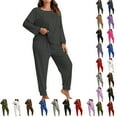 thumbnail image 1 of Women's Plus Size Solid Color Long Sleeve Loungewear Set Pajama Set Comfy Casual Home Wear Soft Casual Home Suit Set, 1 of 1