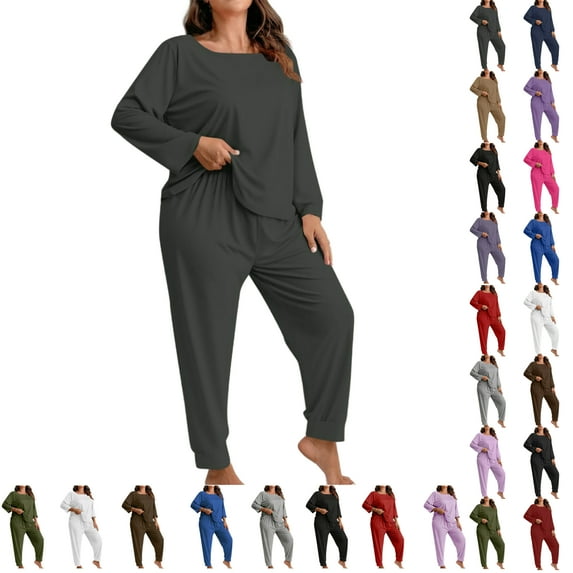 Women's Plus Size Solid Color Long Sleeve Loungewear Set Pajama Set Comfy Casual Home Wear Soft Casual Home Suit Set