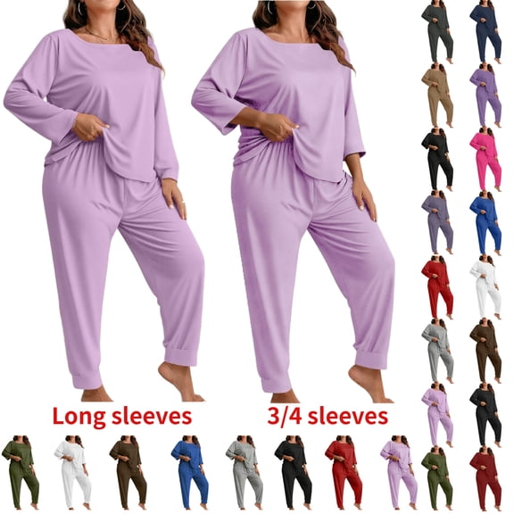 Women's Plus Size Solid Color Long Sleeve Loungewear Set Pajama Set Comfy Casual Home Wear Soft Casual Home Suit Set