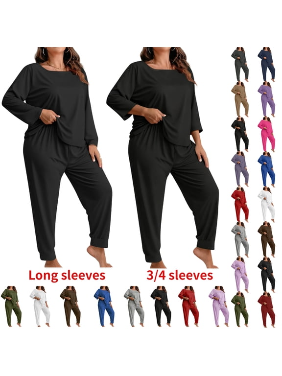 Women's Plus Size Solid Color Long Sleeve Loungewear Set Pajama Set Comfy Casual Home Wear Soft Casual Home Suit Set