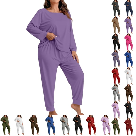 Women's Plus Size Solid Color Long Sleeve Loungewear Set Pajama Set Comfy Casual Home Wear Soft Casual Home Suit Set