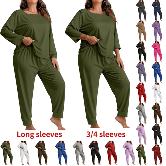 Women's Plus Size Solid Color Long Sleeve Loungewear Set Pajama Set Comfy Casual Home Wear Soft Casual Home Suit Set