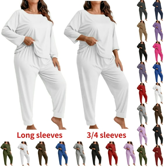 Women's Plus Size Solid Color Long Sleeve Loungewear Set Pajama Set Comfy Casual Home Wear Soft Casual Home Suit Set