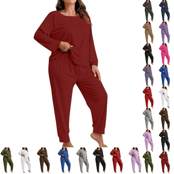 Women's Plus Size Solid Color Long Sleeve Loungewear Set Pajama Set Comfy Casual Home Wear Soft Casual Home Suit Set