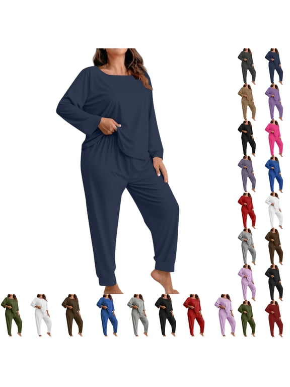 Women's Plus Size Solid Color Long Sleeve Loungewear Set Pajama Set Comfy Casual Home Wear Soft Casual Home Suit Set
