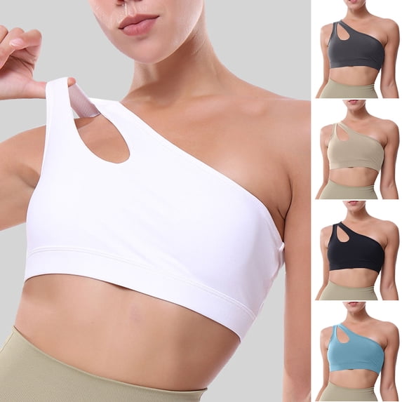 Women's Plus Size Solid Color One Shoulder Sports Bra, No Underwire Wireless Street Style Top, Breathable Racerback Pullover Bras for Women | TruBelle,Khaki S