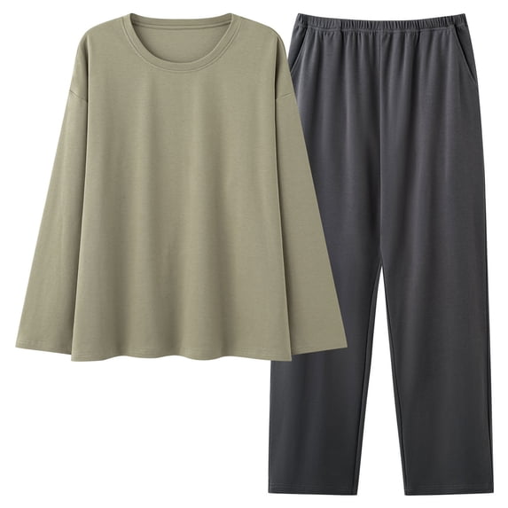 Women's Plus Size Solid Color Pajama Set with Long Sleeve Round Neck Top and Pants with Pockets