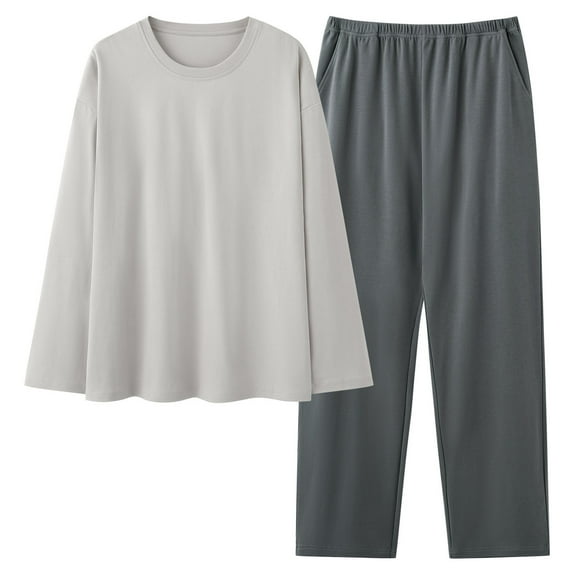 Women's Plus Size Solid Color Pajama Set with Long Sleeve Round Neck Top and Pants with Pockets