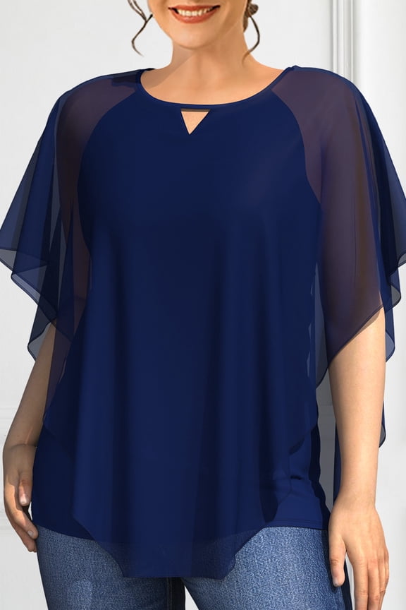 Women's Plus Size Solid Color Sheer Mesh Flutter Sleeve Tunic Top, Keyhole Neck Double Layer Flowy Casual Blouse