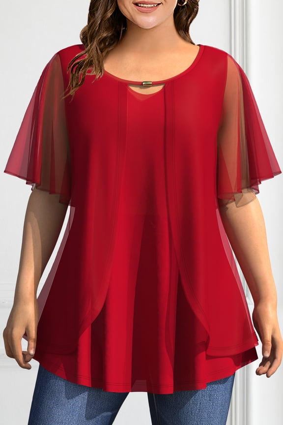 Women's Plus Size Solid Color Sheer Mesh Flutter Sleeve Tunic Top, Keyhole Neck Double Layer Flowy Casual Blouse