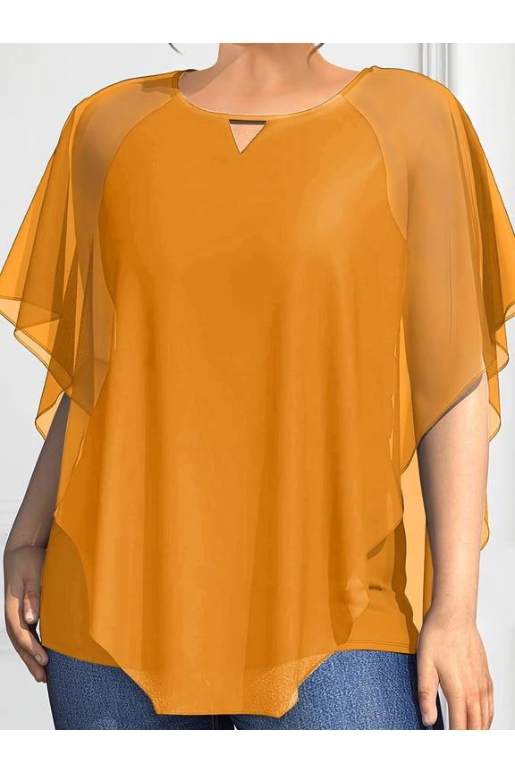 Women's Plus Size Solid Color Sheer Mesh Flutter Sleeve Tunic Top, Keyhole Neck Double Layer Flowy Casual Blouse