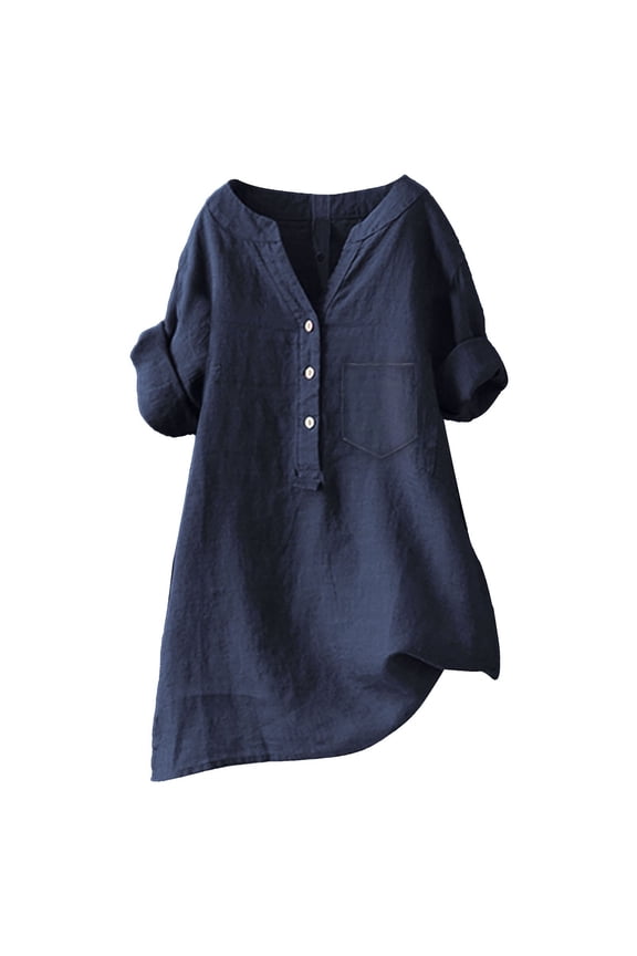 Women's Plus Size Solid Color Stand Up Collar Cotton Linen Top, Half Button V Neck 3/4 Sleeve Loose Fit Blouse, Casual Daily Wear for Spring Summer Navy XXL