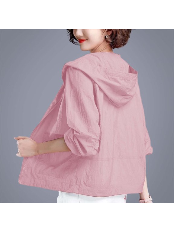 Women's Plus Size Solid Color Sun Jacket, UPF 50+ Full Zip Sweatproof Long Sleeve Hoodie, Summer Outdoor Sun Protection Top for Summer Sports Training or Outdoor Running under Sun Pink