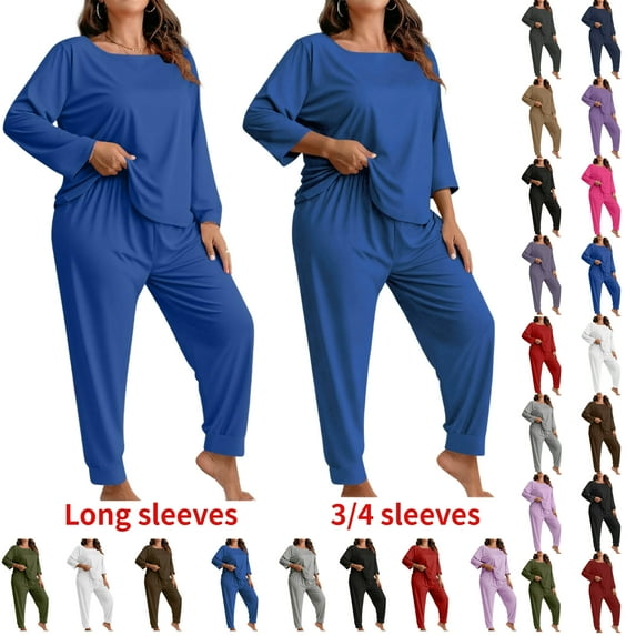 Women's Plus Size Solid Color Three-Quarter Sleeve Loungewear Set with Long Pants - Soft Casual Homewear Pajamas