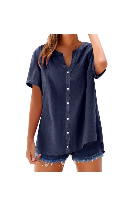 Women's Plus Size Solid Color V Neck Cotton Linen Button Down Shirt, Short Sleeve Casual Blouse, Lightweight and Breathable Top for Summer Daily Wear Navy XXXXXL