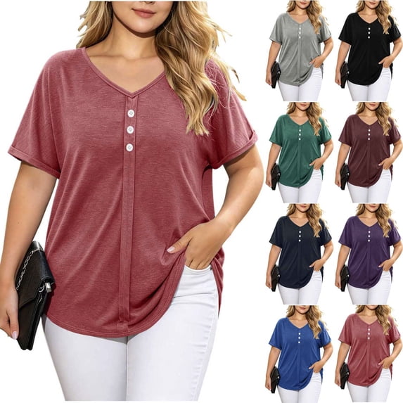 Women's Plus Size Solid Color V Neck Short Sleeve Collar Blouse Tunic Top Casual Daily Wear Soft Comfy Outfits | CSEONE,Blue XL