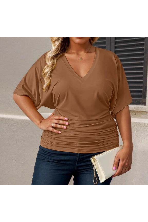 Women's Plus Size Solid Color V Neck T Shirts Loose Batwing Short Sleeve Tops Casual Ruched Hem Tees for Daily Wear