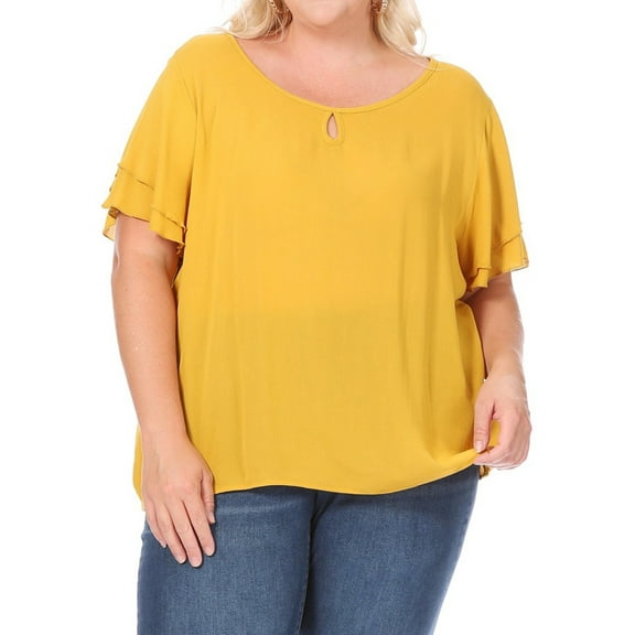 Women's Plus Size Flowy Flutter Sleeve Blouse with Keyhole Neckline
