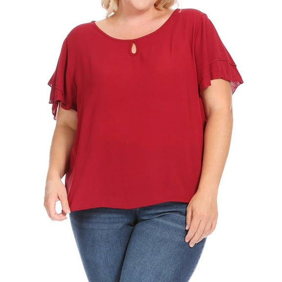 Women's Plus Size Flowy Flutter Sleeve Blouse with Keyhole Neckline