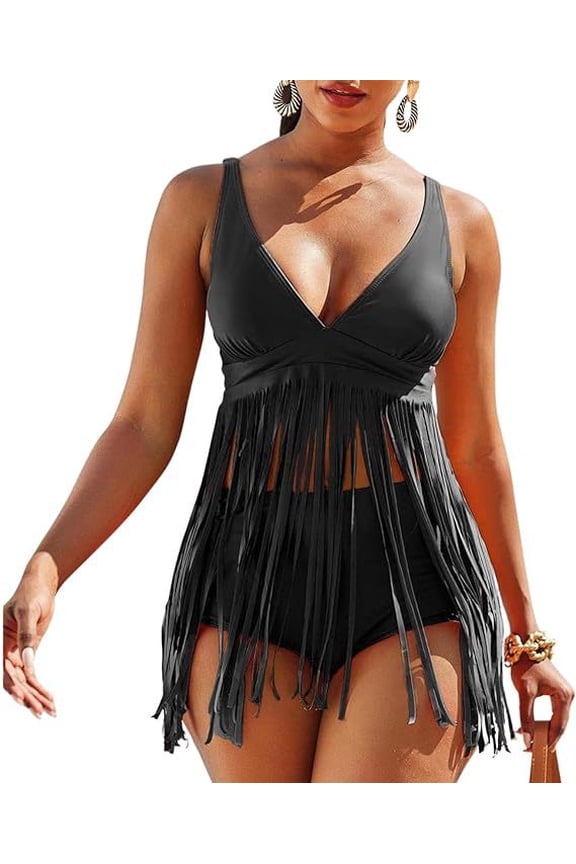 Women's Plus Size Solid Fringe Bikini Set, V Neck High Waist Two Piece Swimsuit