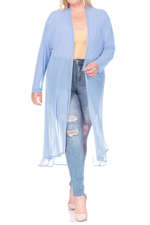 Women's Plus Size Solid Open Front Long Sleeve Chiffon Mesh Loose Cover Up Long Cardigan