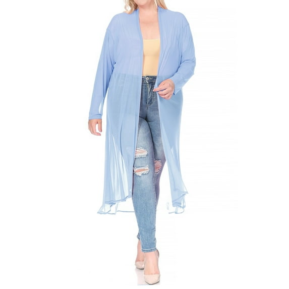 Women's Plus Size Solid Open Front Long Sleeve Chiffon Mesh Loose Cover Up Long Cardigan