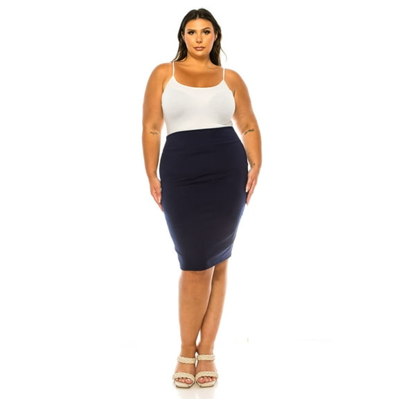 Women's Plus Size Solid Pencil Skirt with Banded Waist - Stretchy