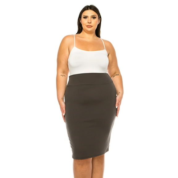 Women's Plus Size Solid Pencil Skirt with Banded Waist - Stretchy
