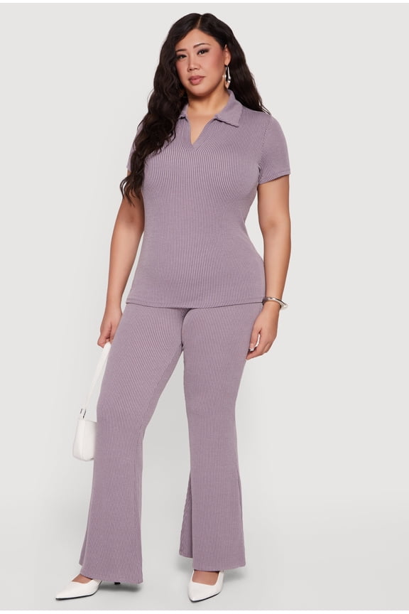 Women's Plus Size Solid Rib Knit High Waisted Wide Leg Pants