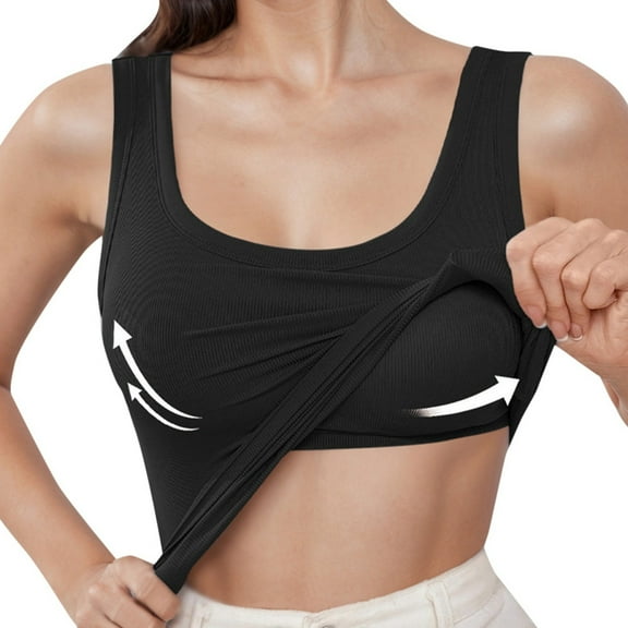 Women's Plus Size Solid Ribbed U Neck Tank Top With Built In Pads For Summer