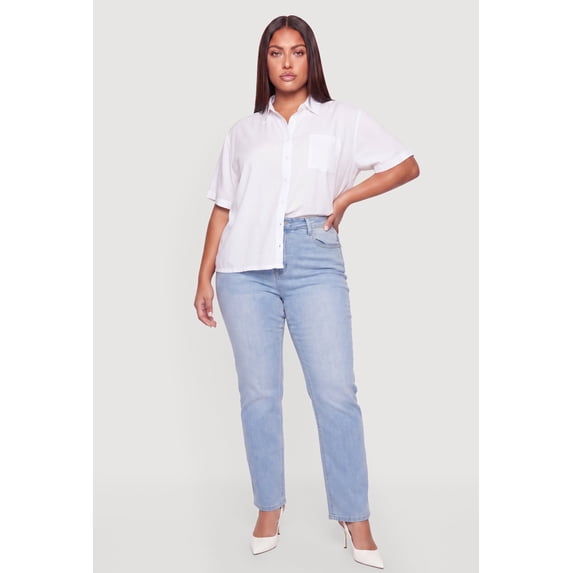 Women's Plus Size Solid Short Sleeve Button Front Shirt