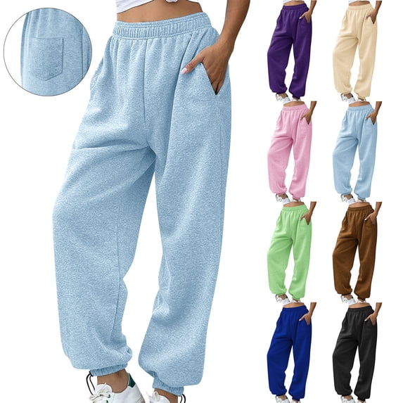 Women's Plus Size Solid Sports Sweatpants with Three Storage Pockets, Elastic Drawstring Adjustable Ankle Cuff Jogger Pants for Running Fitness | TruHer,Beige L
