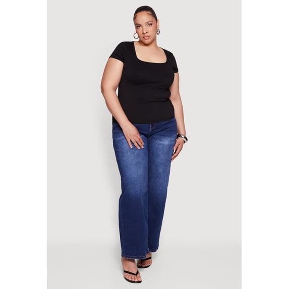 Women's Plus Size Solid Square Neck Short Sleeve Top