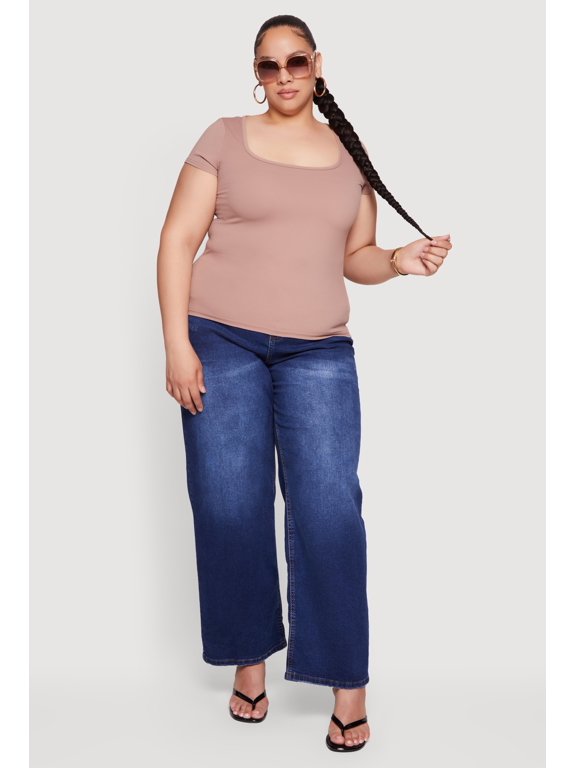 Women's Plus Size Solid Square Neck Short Sleeve Top