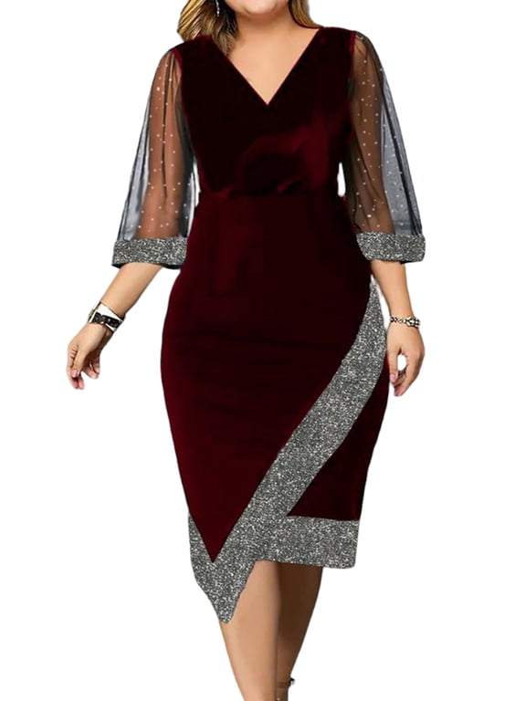 Women's Plus Size Sparkle Formal Dress, Half Sleeve V-Neck Velvet Mesh Ball Gown, Evening Party Cocktail Prom Midi Dress