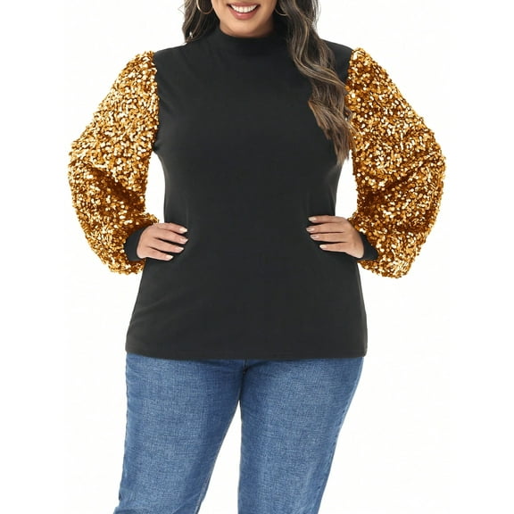 Women's Plus Size Sparkle Sequin Sweatshirt Mock Neck Pullover Long Sleeve Glitter Party Tops- 3X,Black and Gold